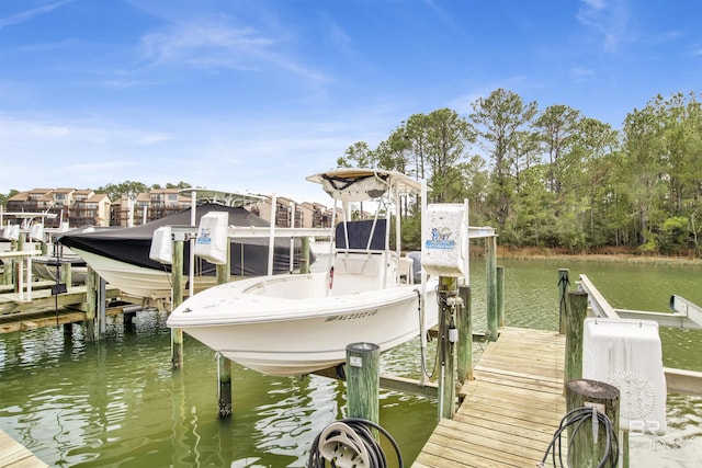 view of dock with a water view and boat lift