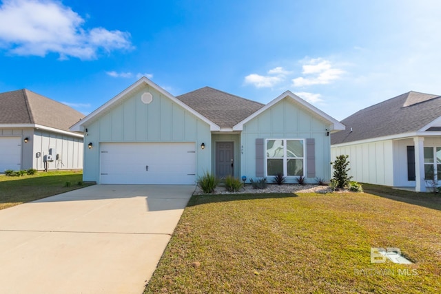 ranch-style home with a front yard and a garage