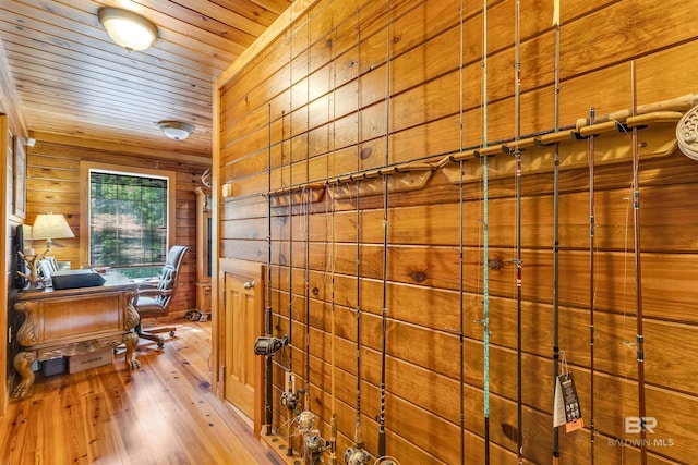 42168 Bayou Rd, Bay Minette, AL 36507 - office with wooden walls, hardwood / wood-style floors, and wooden ceiling