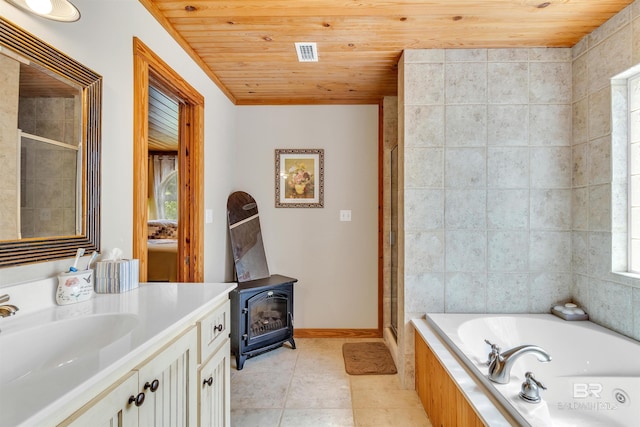42168 Bayou Rd, Bay Minette, AL 36507 - bathroom with a wood stove, vanity, a garden tub, wooden ceiling, and tile patterned flooring