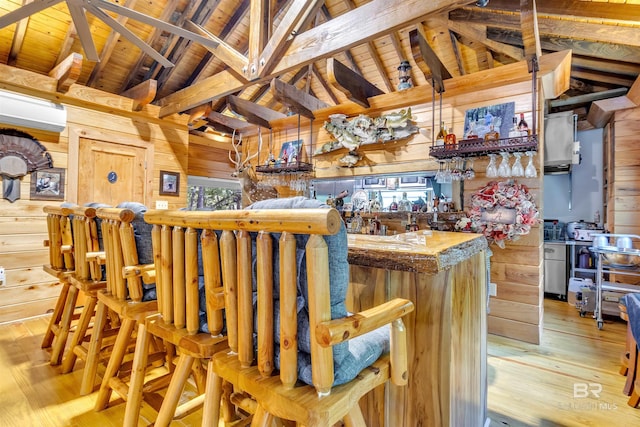 42168 Bayou Rd, Bay Minette, AL 36507 - indoor wet bar featuring wooden walls, hardwood / wood-style flooring, wooden ceiling, and a wall mounted AC