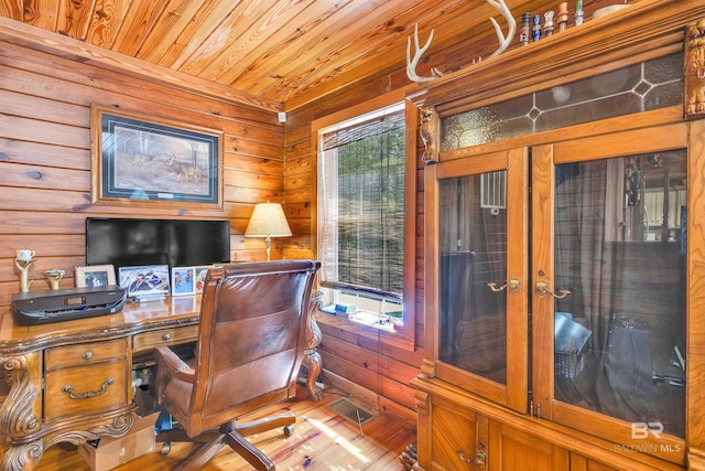 42168 Bayou Rd, Bay Minette, AL 36507 - office with wood finished floors, wood ceiling, and wooden walls