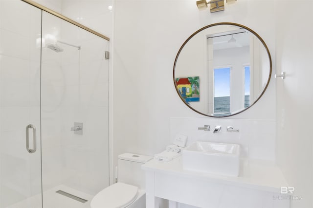bathroom featuring an enclosed shower, vanity, and toilet