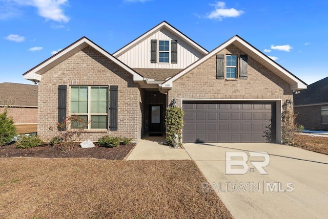 view of front facade featuring concrete driveway, brick siding, board and batten siding, and an attached garage