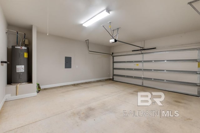 garage featuring a garage door opener, electric panel, water heater, and baseboards