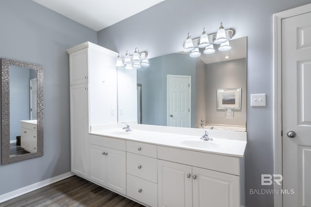 bathroom with hardwood / wood-style flooring and vanity