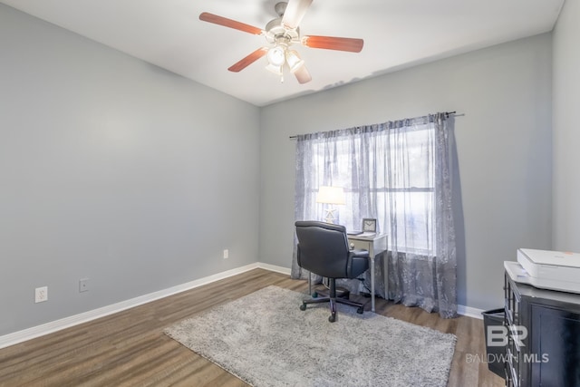 office area featuring ceiling fan and dark wood-type flooring