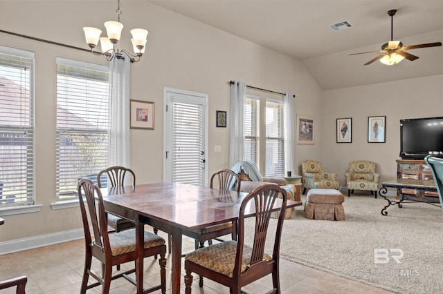 14766 Sonoma Blvd, Silverhill, AL 36576 - dining area featuring light tile patterned floors, ceiling fan with notable chandelier, lofted ceiling, and visible vents