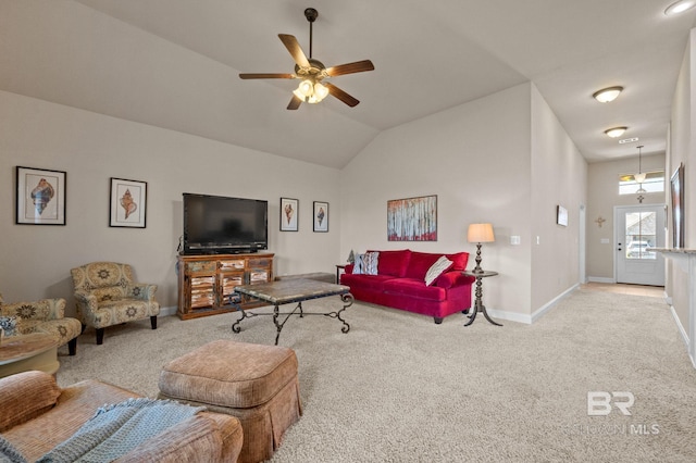 14766 Sonoma Blvd, Silverhill, AL 36576 - living area featuring baseboards, carpet floors, ceiling fan, and vaulted ceiling