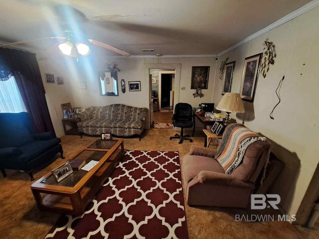 carpeted living room featuring crown molding and ceiling fan
