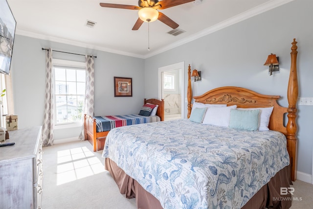 bedroom featuring light carpet, visible vents, and crown molding