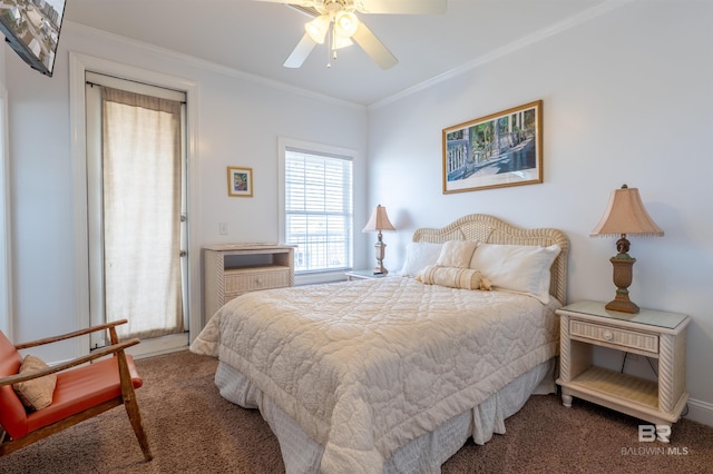 bedroom featuring carpet floors, a ceiling fan, and crown molding