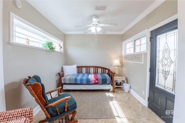 bedroom with baseboards, multiple windows, visible vents, and ornamental molding