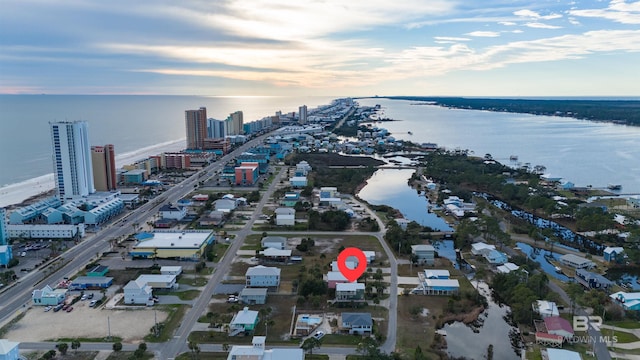 aerial view featuring a water view and a city view