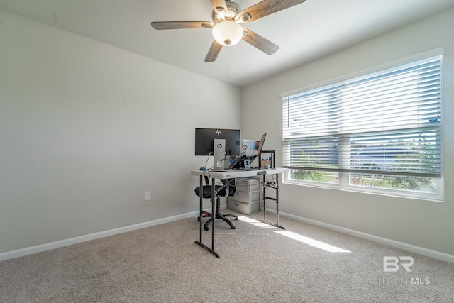 home office with ceiling fan and light carpet