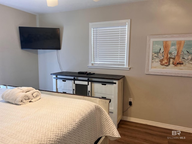 bedroom featuring ceiling fan and dark hardwood / wood-style flooring