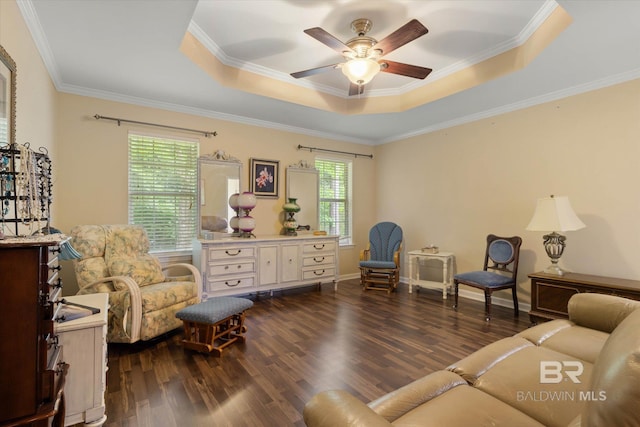1521 E Peyton Dr, Mobile, AL 36695 - living room with a tray ceiling, dark wood finished floors, a ceiling fan, and crown molding
