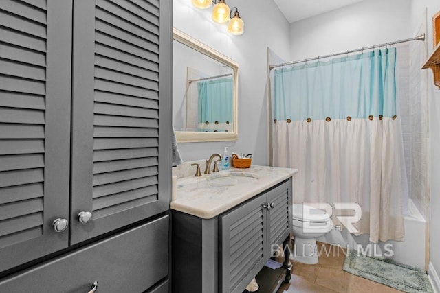 full bathroom featuring toilet, vanity, tile patterned floors, and shower / tub combo with curtain