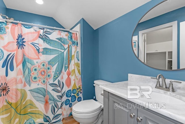 bathroom with hardwood / wood-style flooring, vanity, toilet, and lofted ceiling