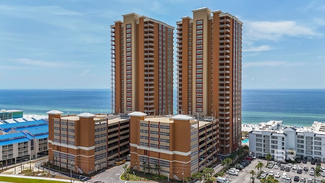 view of building exterior featuring a water view