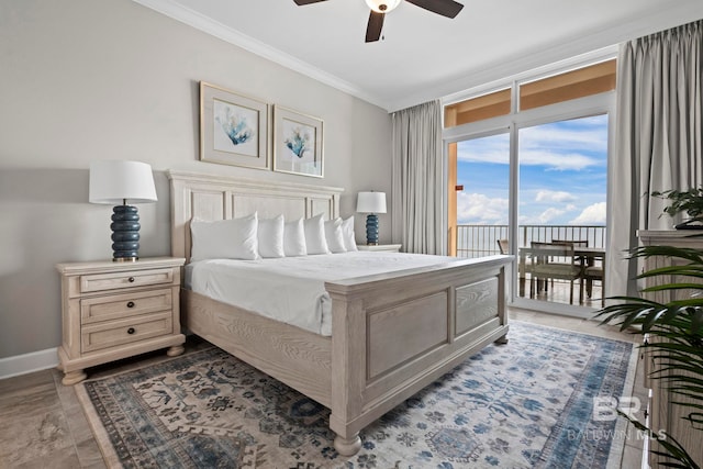 bedroom featuring access to outside, ceiling fan, crown molding, and dark wood-type flooring