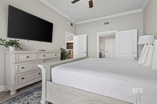 bedroom featuring ceiling fan and ornamental molding