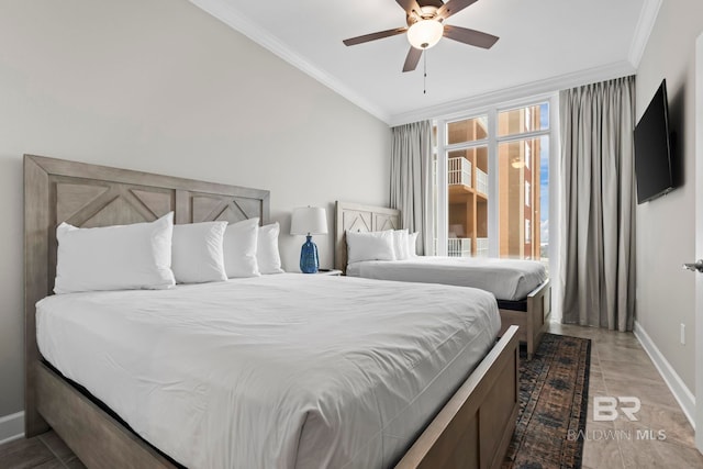 bedroom featuring ceiling fan and ornamental molding