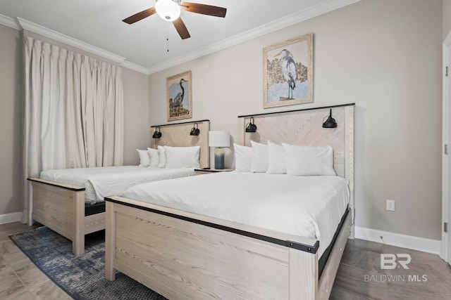 bedroom featuring ceiling fan and crown molding