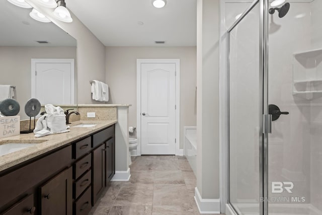 full bathroom with plus walk in shower, tile patterned floors, vanity, and toilet