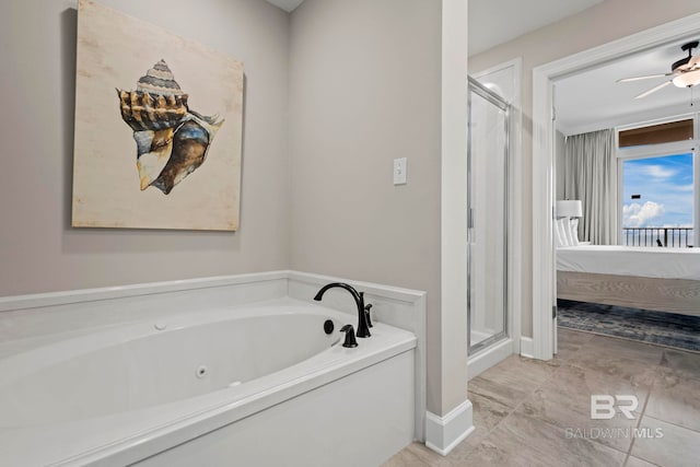bathroom featuring separate shower and tub, ceiling fan, and tile patterned flooring