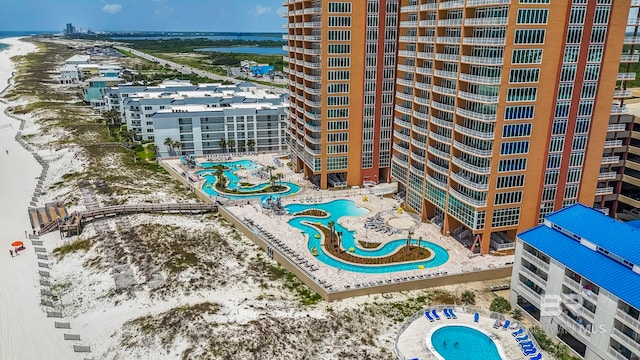 drone / aerial view with a water view