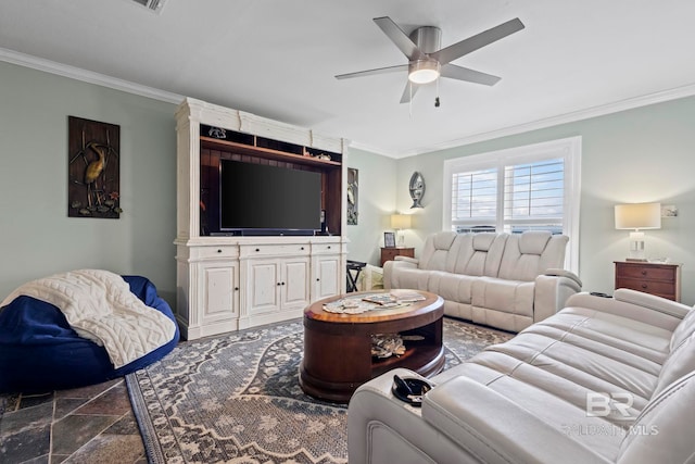 living room with crown molding and ceiling fan