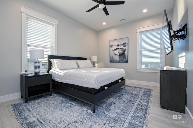 bedroom featuring ceiling fan and wood-type flooring