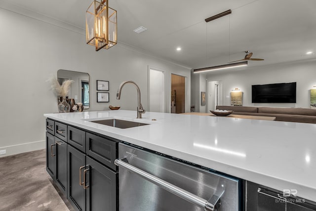 kitchen featuring a sink, dishwasher, crown molding, concrete flooring, and open floor plan