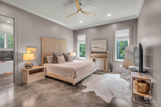 bedroom with multiple windows, concrete flooring, recessed lighting, ornamental molding, and ceiling fan