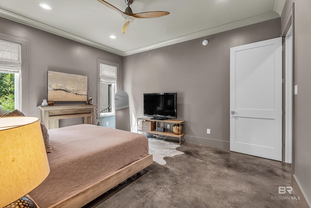 bedroom with finished concrete floors, baseboards, recessed lighting, crown molding, and ceiling fan