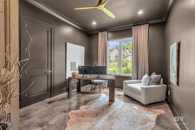 office with concrete flooring, recessed lighting, ceiling fan, and baseboards