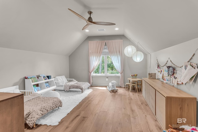 recreation room with light wood-style floors, ceiling fan, lofted ceiling, and recessed lighting