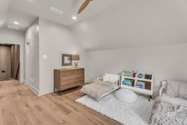 bedroom featuring lofted ceiling, light wood-type flooring, baseboards, recessed lighting, and ceiling fan