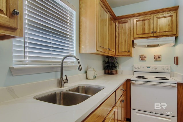 kitchen featuring white electric stove, under cabinet range hood, a sink, light stone countertops, and brown cabinetry