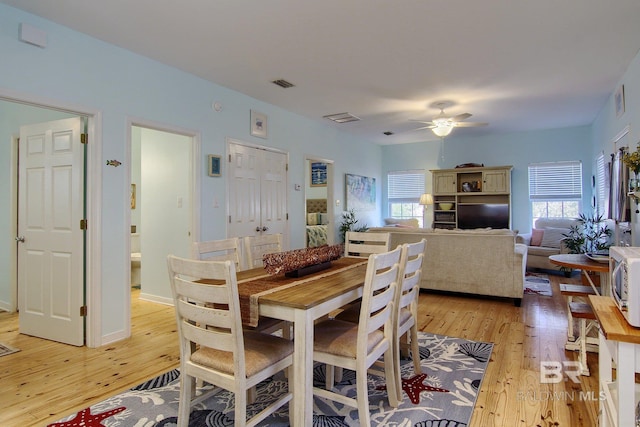 dining space featuring baseboards, light wood finished floors, visible vents, and a ceiling fan