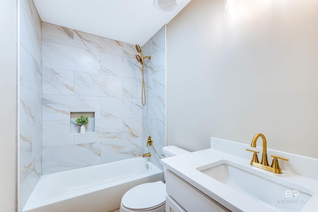 full bathroom with vanity, toilet,  shower combination, and visible vents