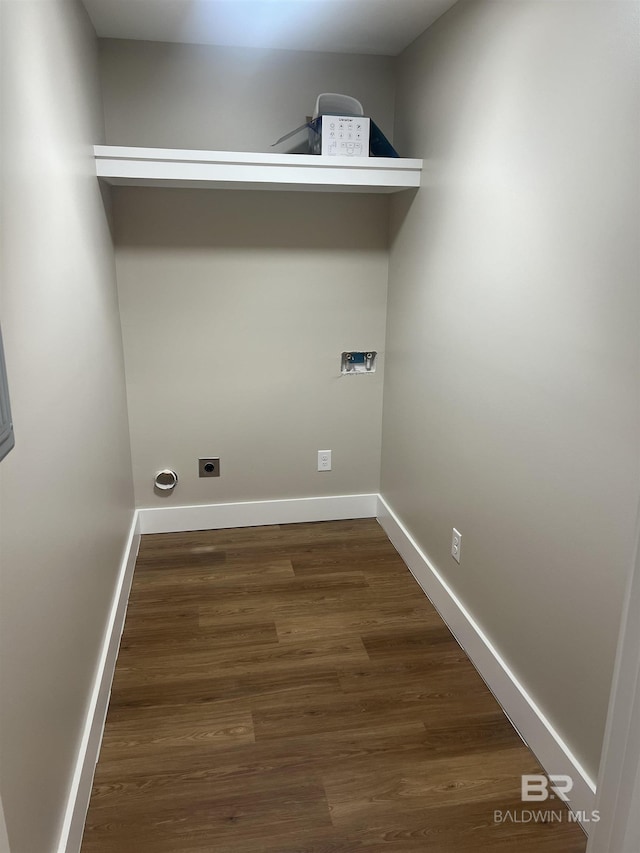 washroom with laundry area, washer hookup, baseboards, wood finished floors, and hookup for an electric dryer