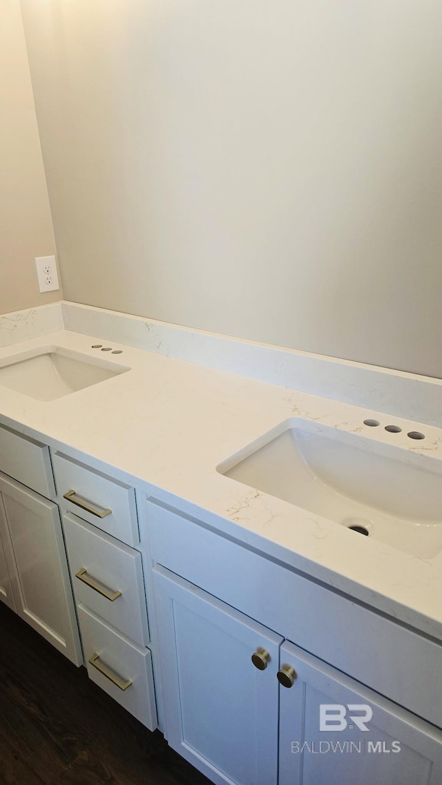 bathroom featuring double vanity, a sink, and wood finished floors