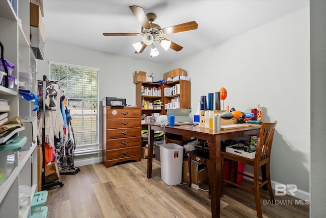 office space with ceiling fan and light hardwood / wood-style flooring