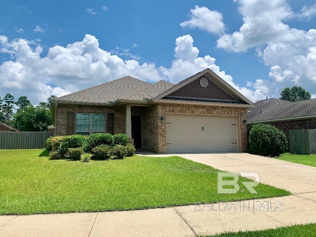 ranch-style home featuring a garage and a front lawn