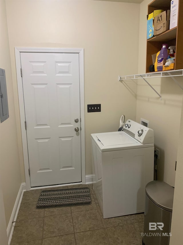 laundry area with washer / clothes dryer, tile patterned floors, and electric panel