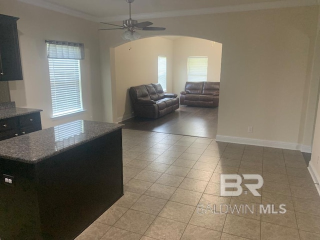 kitchen featuring plenty of natural light, ceiling fan, hardwood / wood-style flooring, and ornamental molding