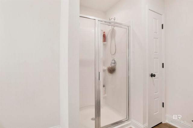 bathroom featuring a shower with shower door