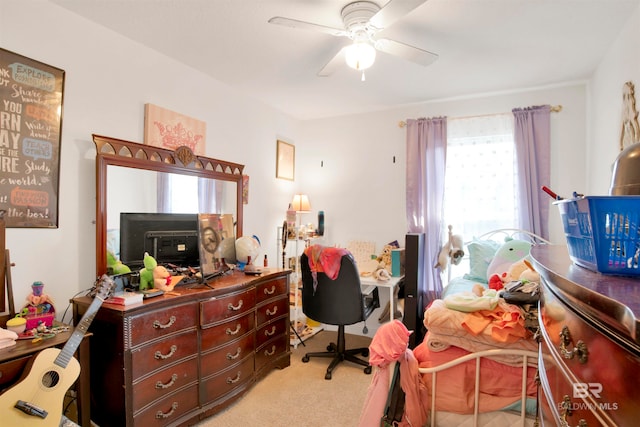 interior space with ceiling fan and carpet floors